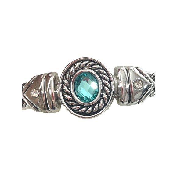 Women’s Silver Tone Bangle Bracelet 6.5 “ Oval Aqua Blue Faceted Plastic Stone - Picture 10 of 17